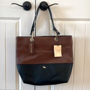 𝅺EMMA FOX LEATHER TOTE BAG PURSE BLACK BROWN SHOULDER STRAPS GOLD HARDWARE.